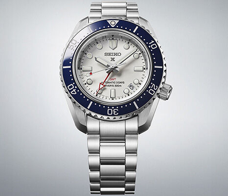 Seiko Prospex GMT diver&rsquo;s watch with white dial, blue bezel and red GMT hand, water resistant to 300m
